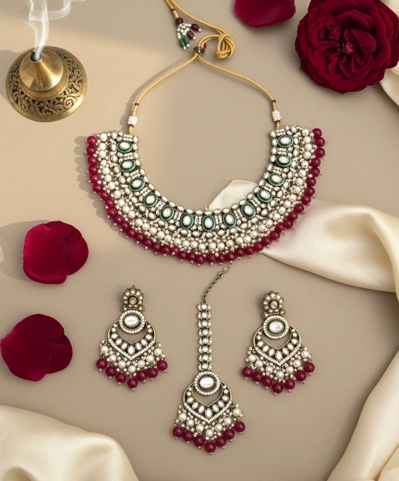 JESMINA Rani pink cz kundan and zircon  Necklace set, maangtika included,Fuchsia Indian Pakistani wedding bridal jewelry