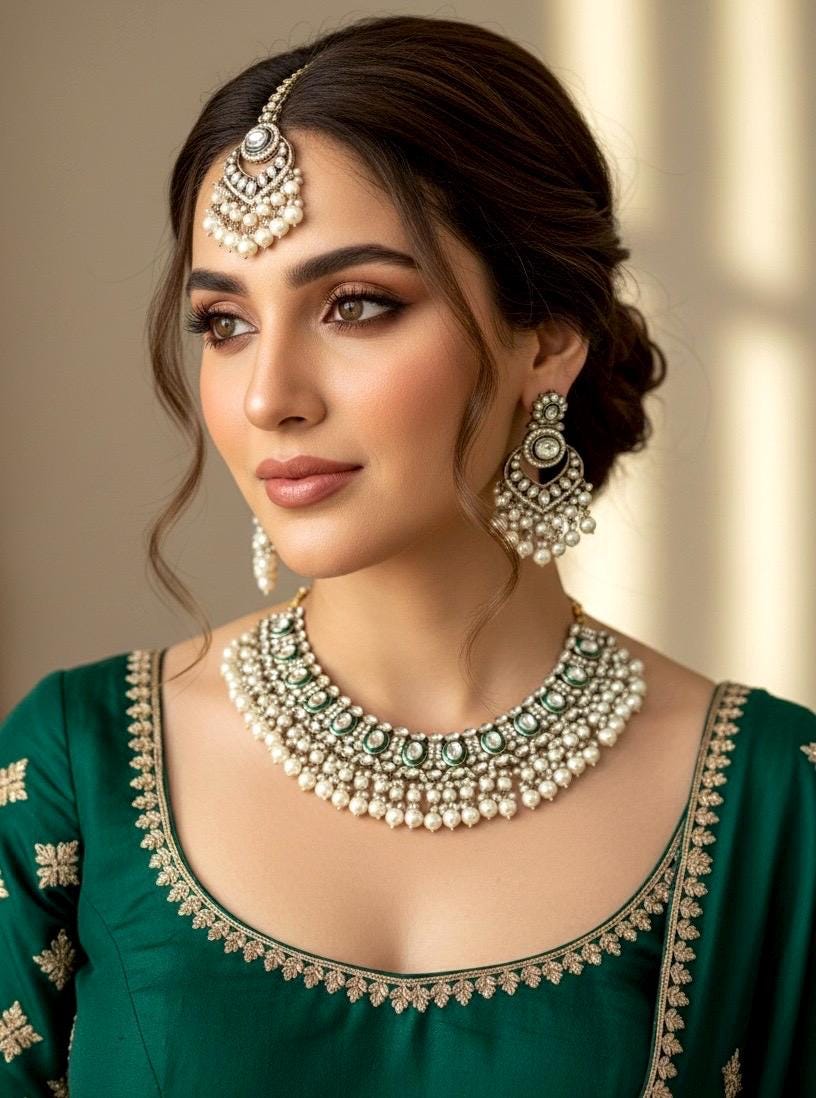 JESMINA Ivory white cz kundan and zircon  Necklace set , maangtika included, Indian Pakistani wedding bridal jewelry