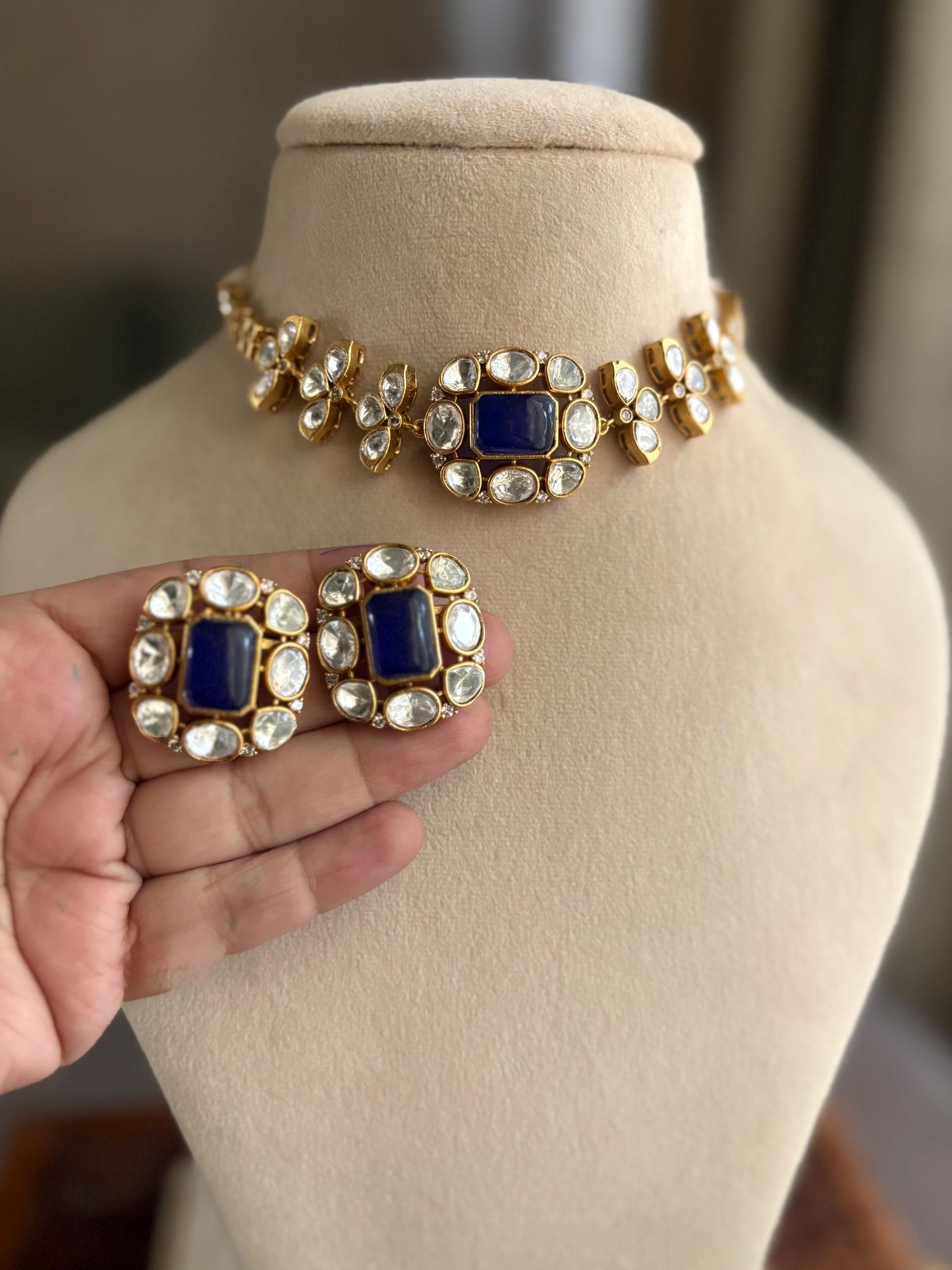 SABAA Royal blue kundan polki Choker Set