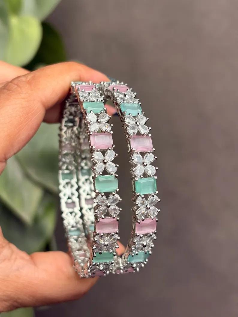 SIMI American diamond bangle set in mint pink stones