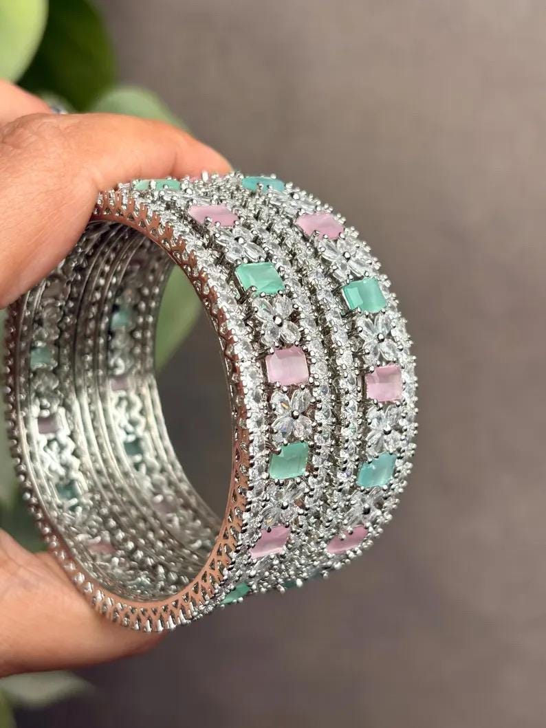 SIMI American diamond bangle set in mint pink stones, AD bangle set of 6 bangles ,cz zircon indian bangles,pakistani bangles,