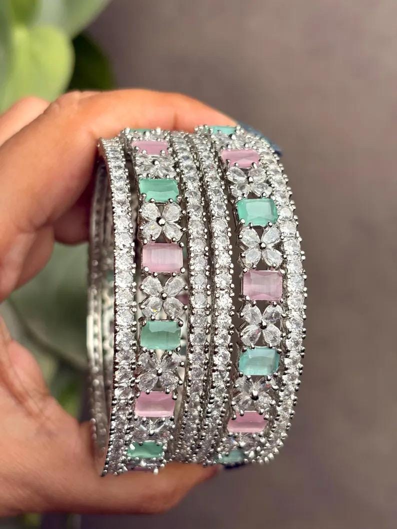 SIMI American diamond bangle set in mint pink stones, AD bangle set of 6 bangles ,cz zircon indian bangles,pakistani bangles,