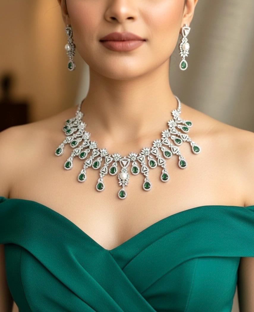 SOPHIE Emerald green American Diamond Necklace Set