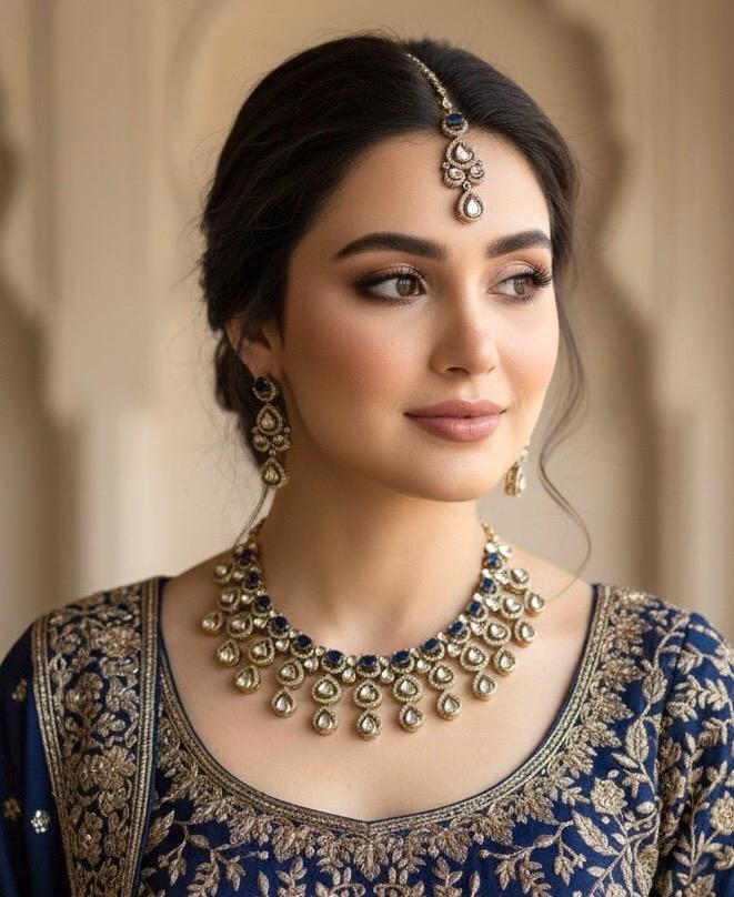 ARSHIA Royal blue Premium quality Moissanite and kundan Necklace set, Indian Pakistani wedding bridal jewelry,maangtika included