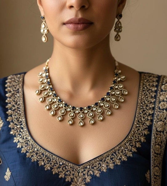 ARSHIA Royal blue Premium quality Moissanite and kundan Necklace set, Indian Pakistani wedding bridal jewelry,maangtika included