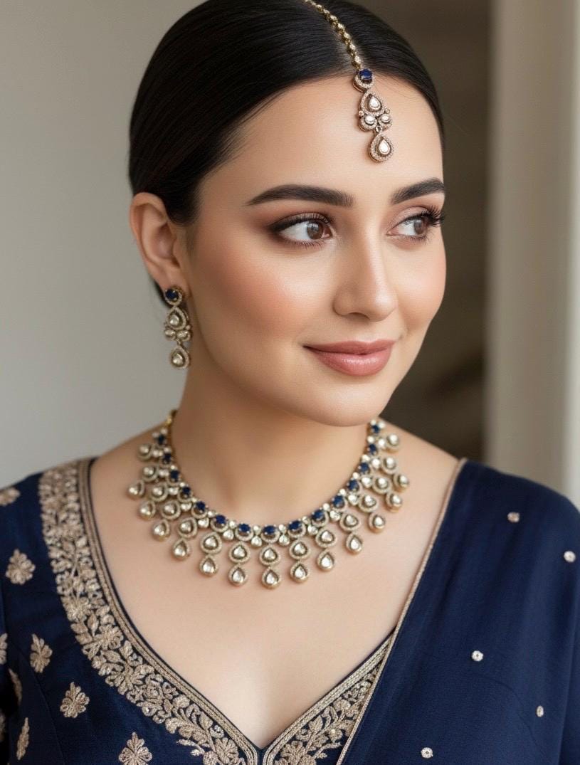 ARSHIA Royal blue Premium quality Moissanite and kundan Necklace set, Indian Pakistani wedding bridal jewelry,maangtika included