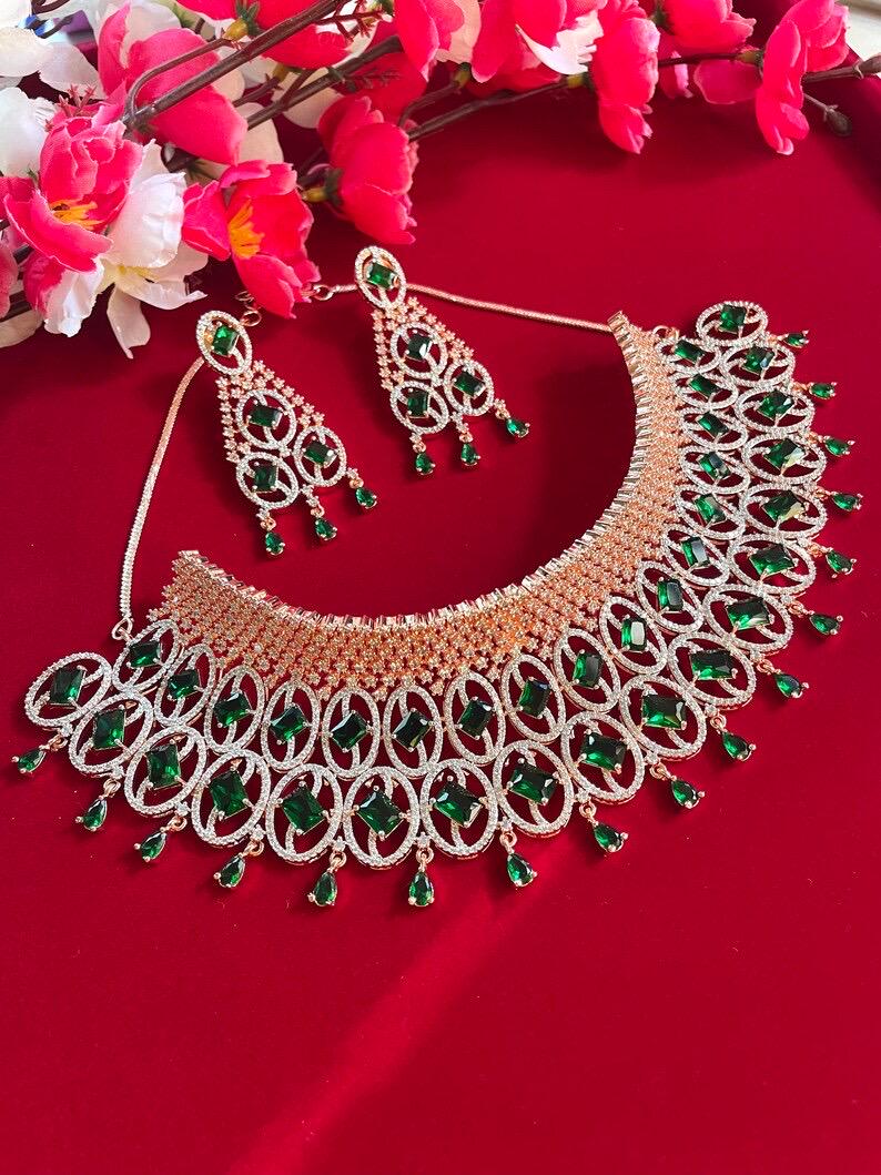 CAROLINE Premium quality American Diamond Choker Necklace set in Rose gold polish