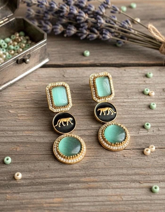 VIYA Sabyasachi inspired mint green earrings, Indian fusion earrings in mint green colour, indo western jewelry