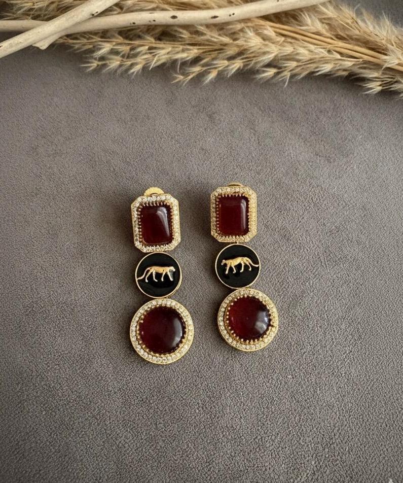 VIYA Sabyasachi inspired deep red colour earrings, Indian fusion earrings in red colour, indo western jewelry