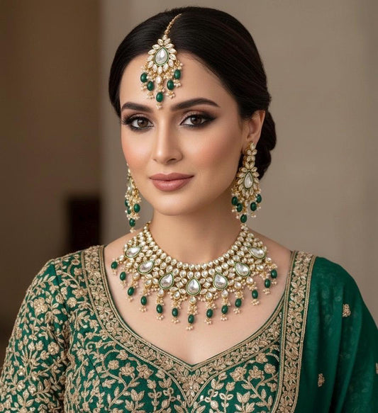 ADIVA Green Kundan necklace set wedding jewelry bridal pakistani nikaah bollywood jewelry punjabi indian kundan set earrings maangtika