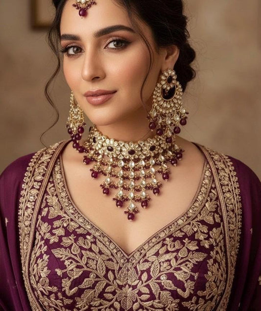 FIZA wine purple Kundan Choker earrings maangtika,Punjabi Jewellery,Indian Kundan Necklace Set,cz zircon,Pakistani nikaah Jewelry,Bridal set