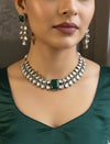 SHIRIN High quality Green stone necklace set in  Uncut Polki diamond ,cz Kundan Necklace and earrings ,Indian Pakistani bridal jewelry
