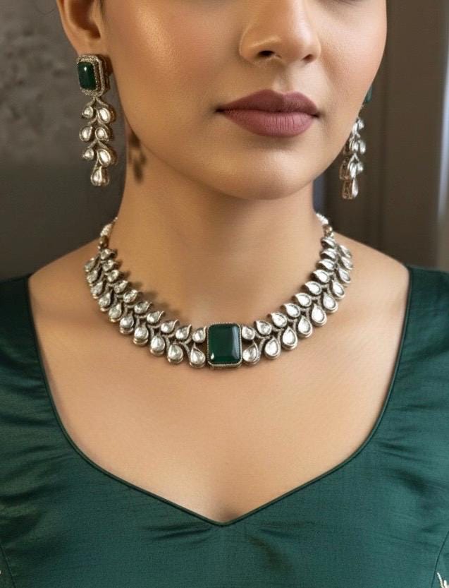 SHIRIN High quality Green stone necklace set in  Uncut Polki diamond ,cz Kundan Necklace and earrings ,Indian Pakistani bridal jewelry