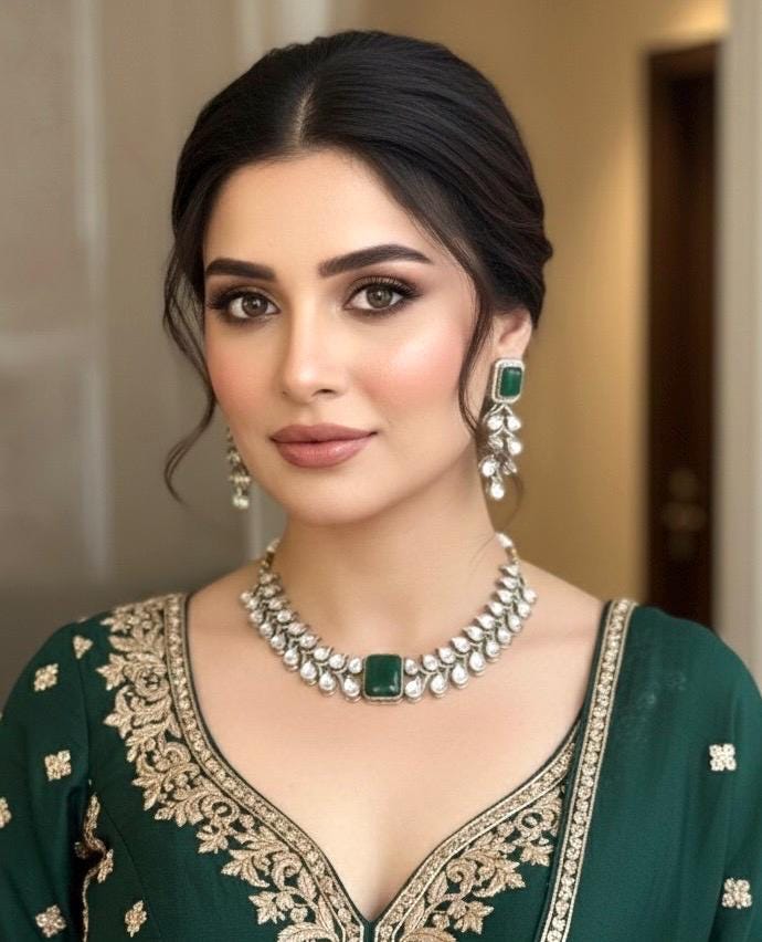 SHIRIN High quality Green stone necklace set in  Uncut Polki diamond ,cz Kundan Necklace and earrings ,Indian Pakistani bridal jewelry