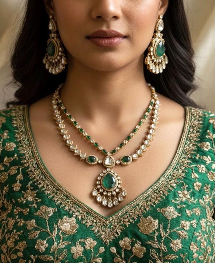 TARINI Emerald green cz polki doublet stone necklace set,Indian Pakistani green colour kundan wedding bridal jewelery