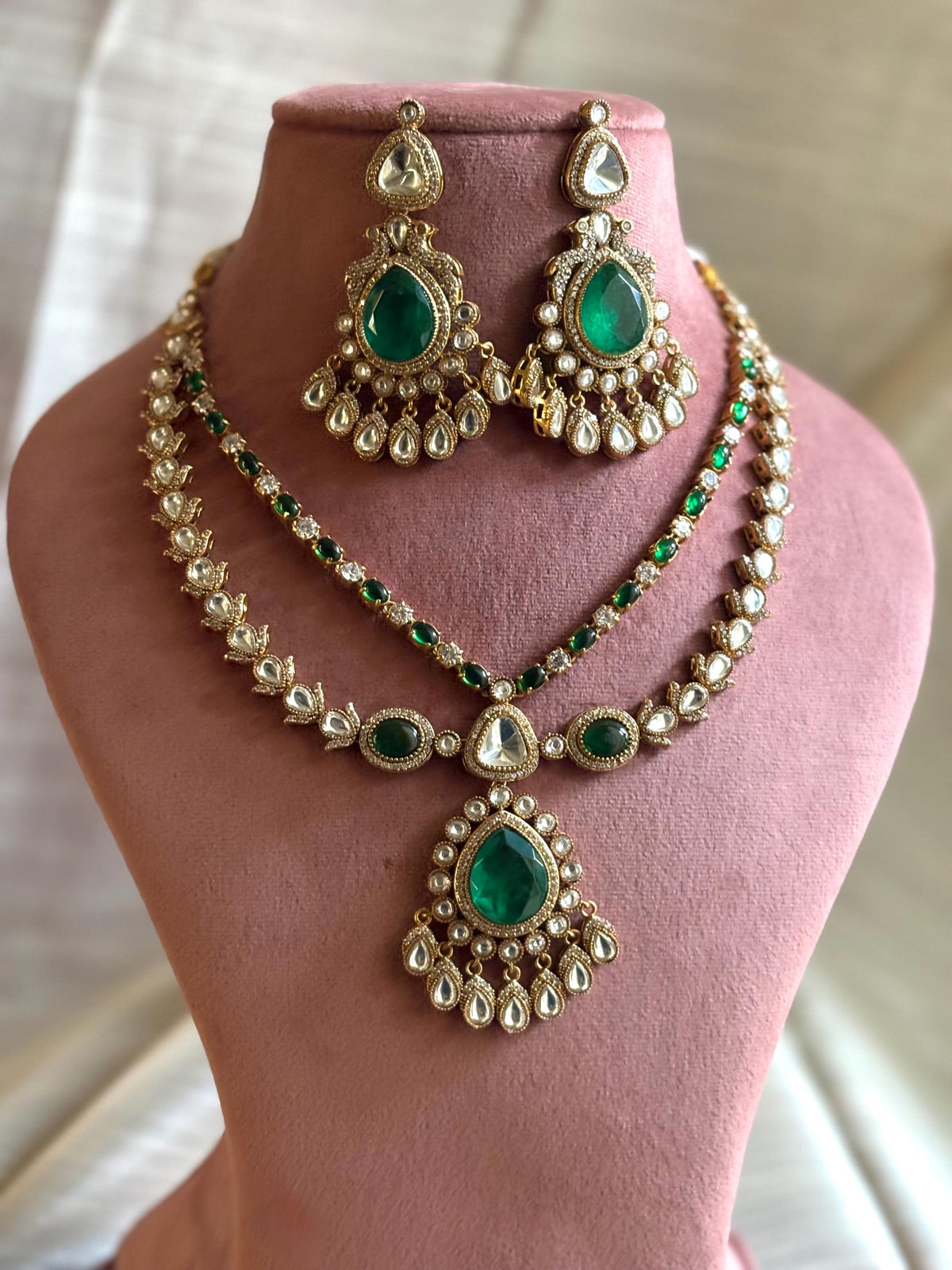 TARINI Emerald green cz polki doublet stone necklace set,Indian Pakistani green colour kundan wedding bridal jewelery