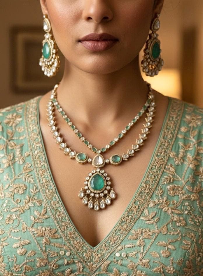TARINI cz polki necklace set in Mint colour ,Indian Pakistani doublet stone mint green colour kundan wedding bridal jewelery