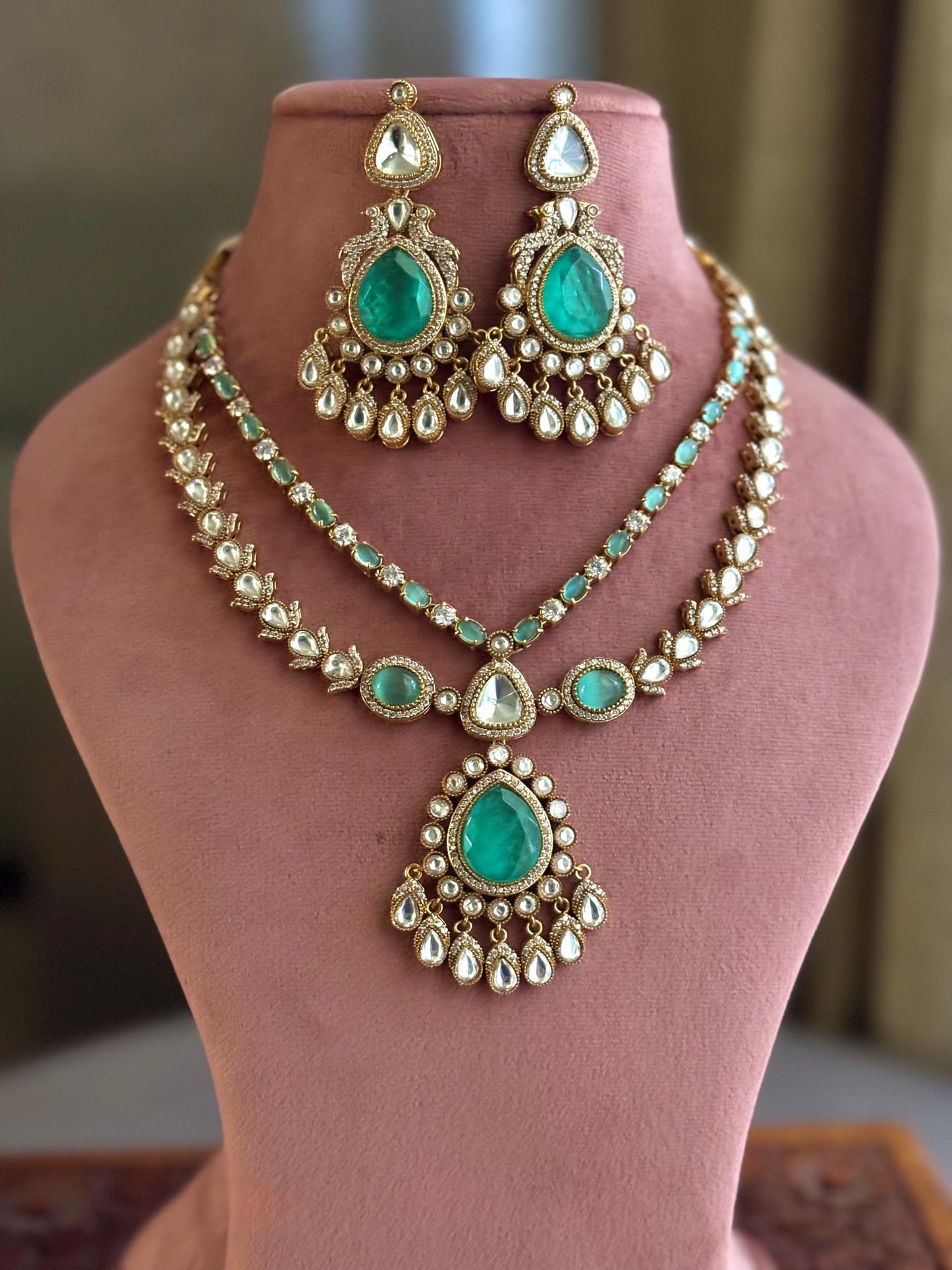TARINI cz polki necklace set in Mint colour ,Indian Pakistani doublet stone mint green colour kundan wedding bridal jewelery