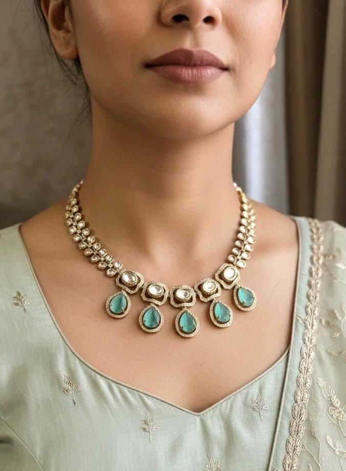 ZIBA High quality mint green diamond polki necklace set ,Indian Pakistani wedding jewelry