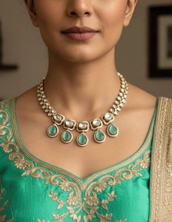 ZIBA High quality mint green diamond polki necklace set ,Indian Pakistani wedding jewelry