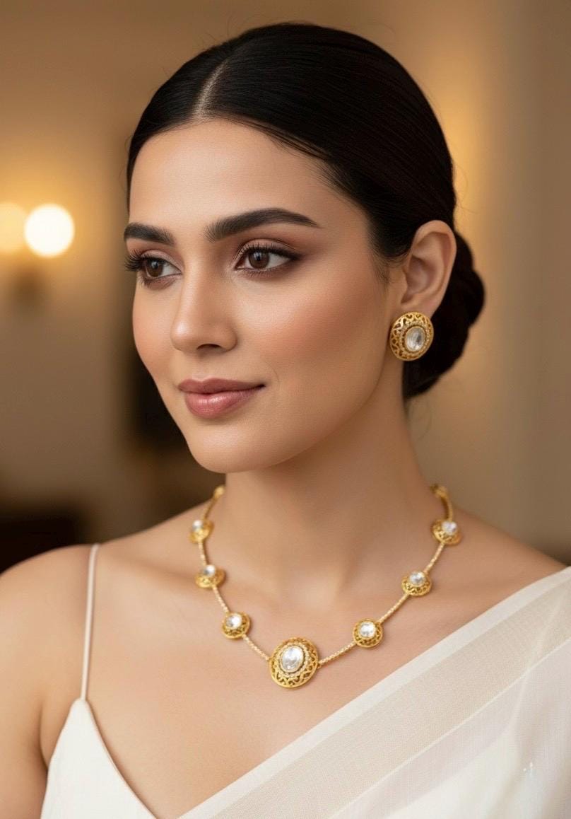 KYNA clear stones kundan lightweight necklace with studs, Matt gold finish Indian ethnic jewelry