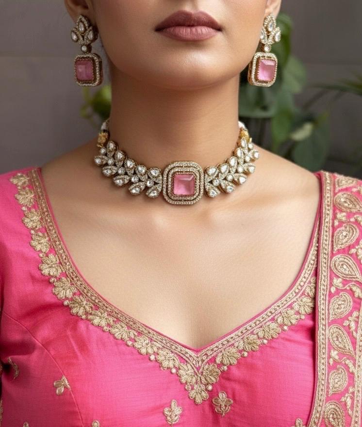 VRINDA Pink Victorian style kundan choker set,cz Indian Bridal jewelry,doublet stone,pakistani wedding jewellery