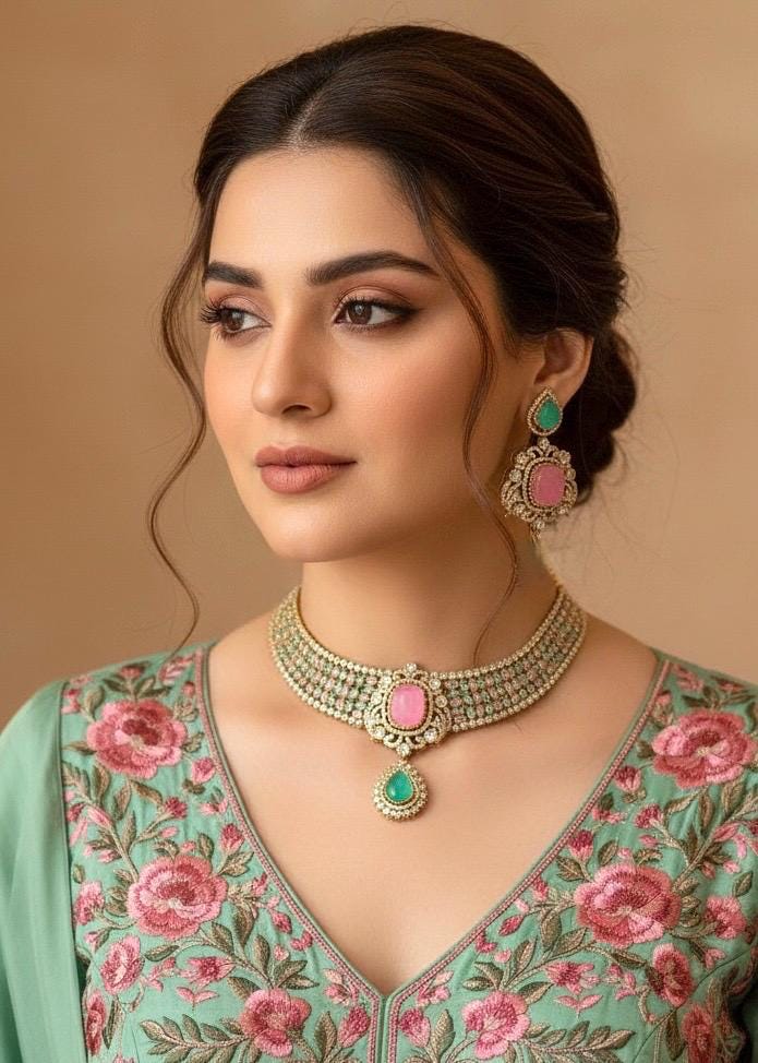 REVATI Mint pink Choker Necklace Earrings set