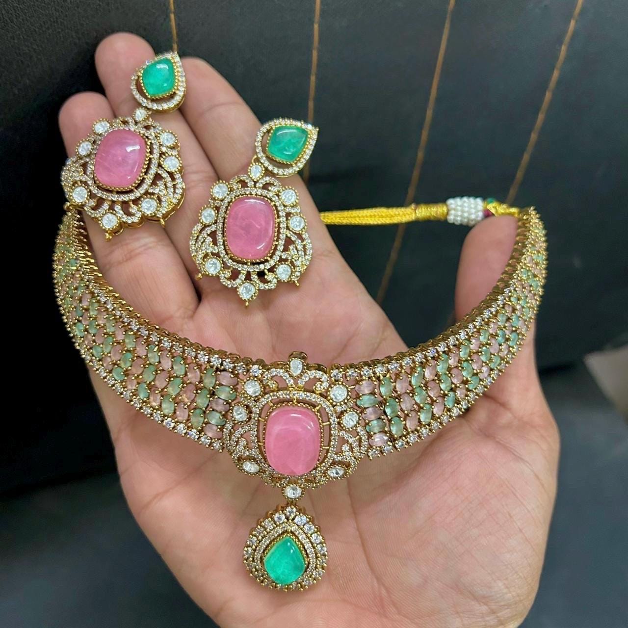 REVATI Mint pink Choker Necklace Earrings set
