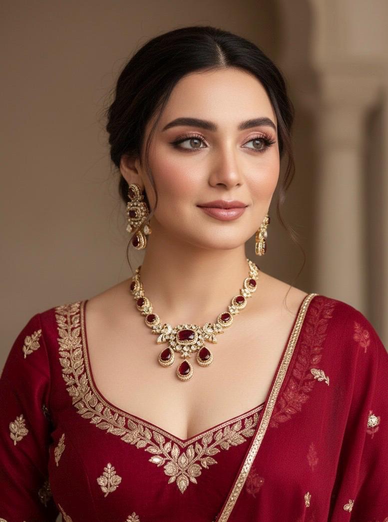 KETAKI Ruby Red Necklace and earrings set, Indian Pakistani traditional jewelry, ruby red kundan necklace set