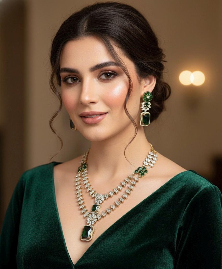 ASHLEY Emerald  green colour cz zircon sleek necklace set in mehndi golden polish,Indian victorian style jewelry