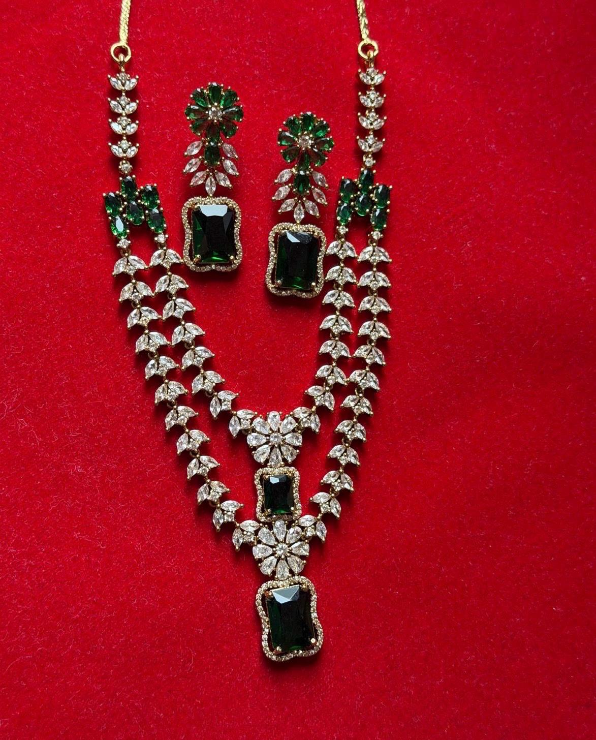 ASHLEY Emerald  green colour cz zircon sleek necklace set in mehndi golden polish,Indian victorian style jewelry