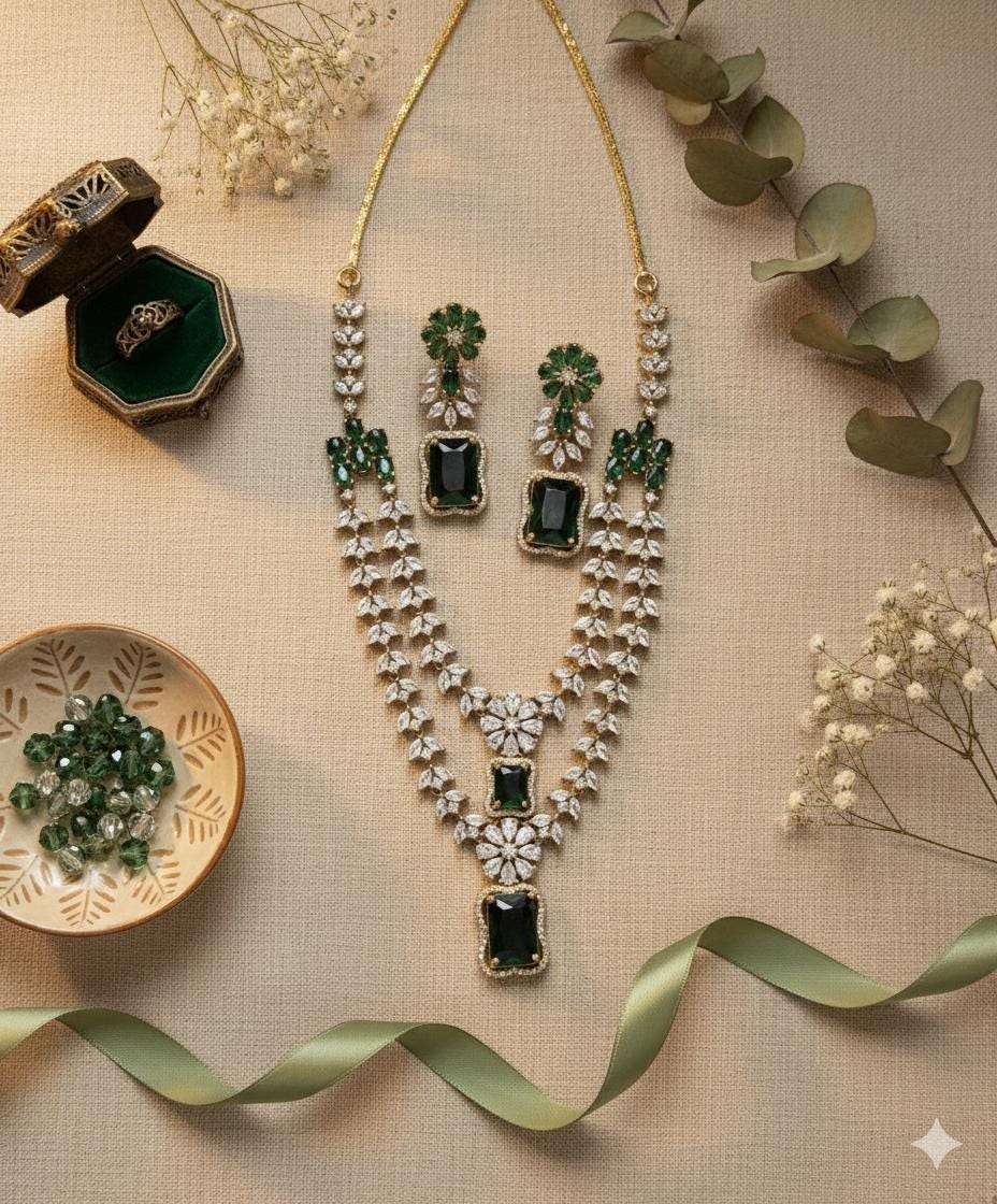 ASHLEY Emerald  green colour cz zircon sleek necklace set in mehndi golden polish,Indian victorian style jewelry