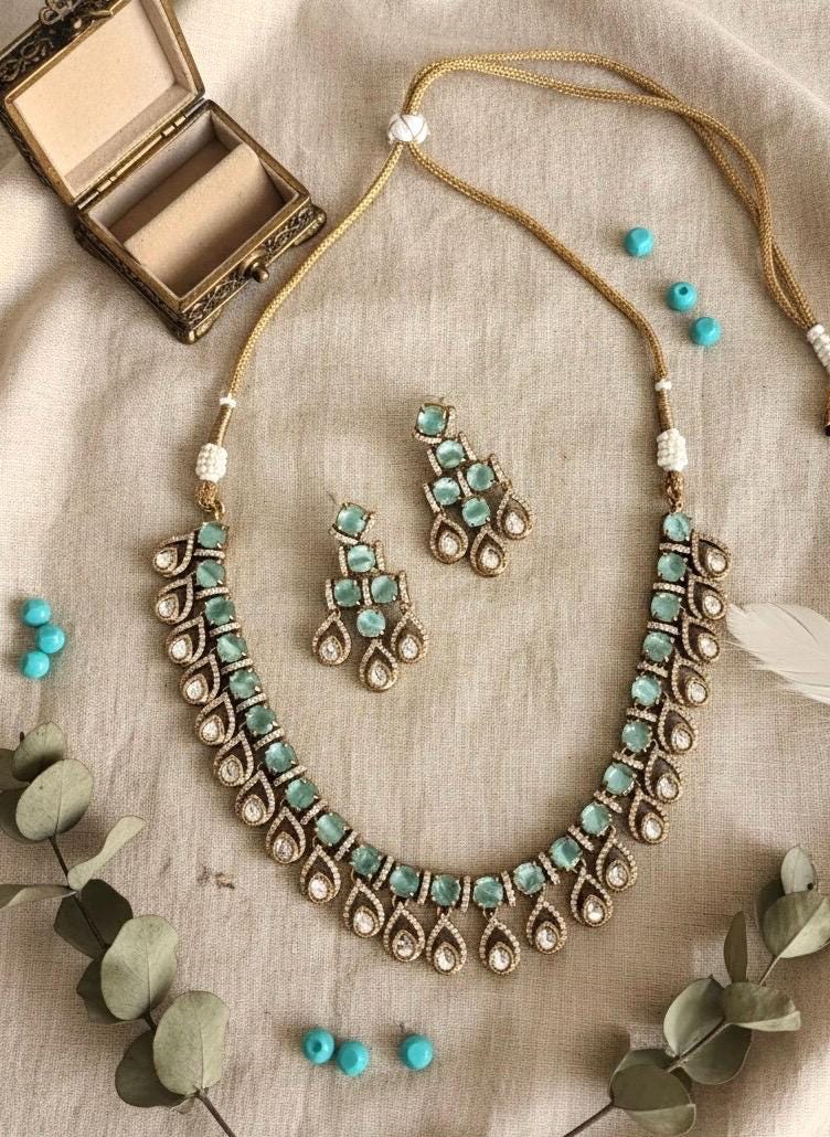 KALA High quality Mint necklace set in Polki diamond ,cz Kundan Necklace and earrings ,Indian Pakistani bridal jewelry