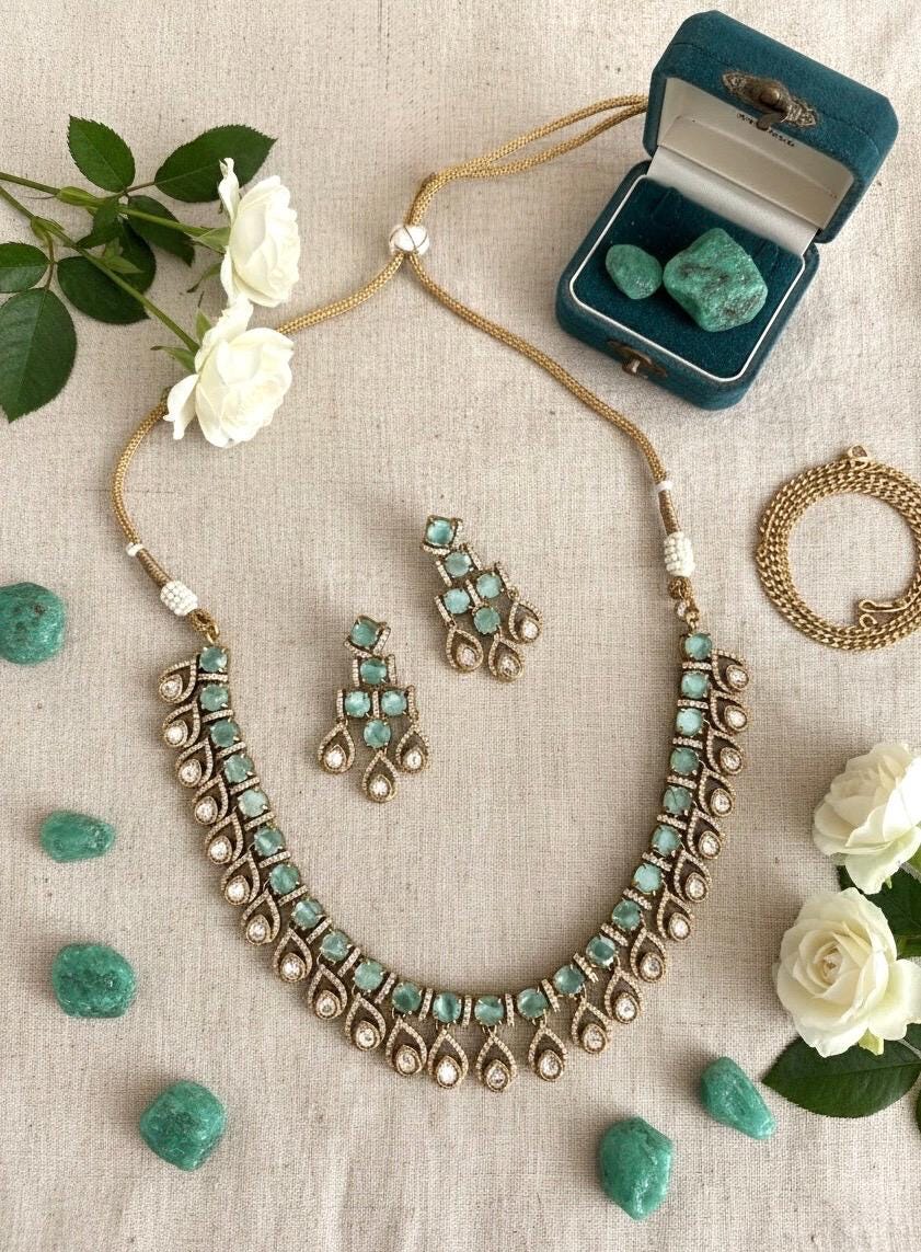 KALA High quality Mint necklace set in Polki diamond ,cz Kundan Necklace and earrings ,Indian Pakistani bridal jewelry