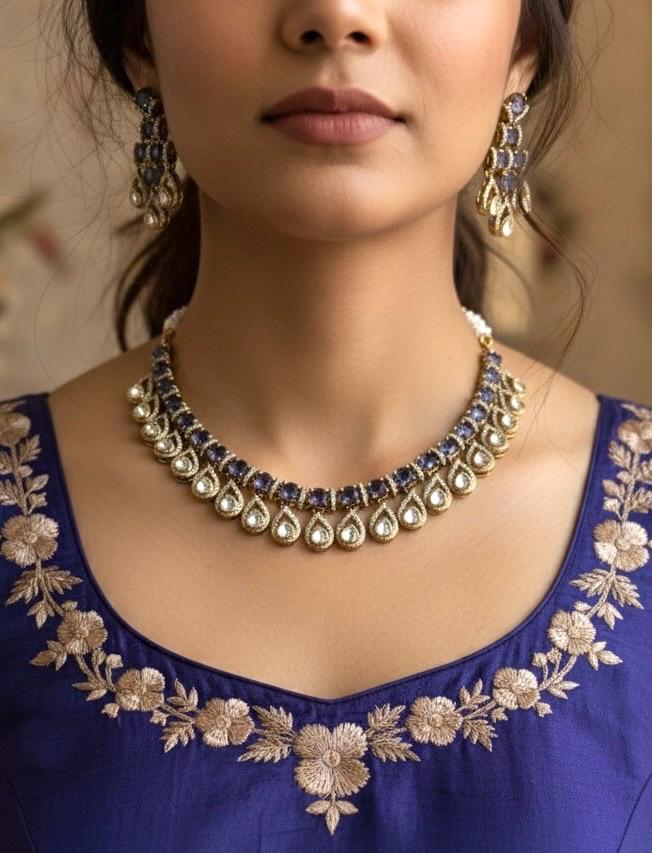 KALA High quality Purple necklace set in Polki diamond ,cz Kundan Necklace and earrings ,Indian Pakistani bridal jewelry