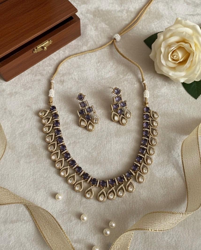 KALA High quality Purple necklace set in Polki diamond ,cz Kundan Necklace and earrings ,Indian Pakistani bridal jewelry