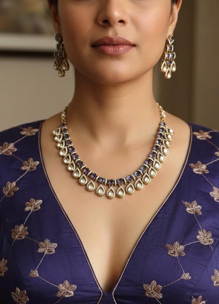 KALA High quality Purple necklace set in Polki diamond ,cz Kundan Necklace and earrings ,Indian Pakistani bridal jewelry
