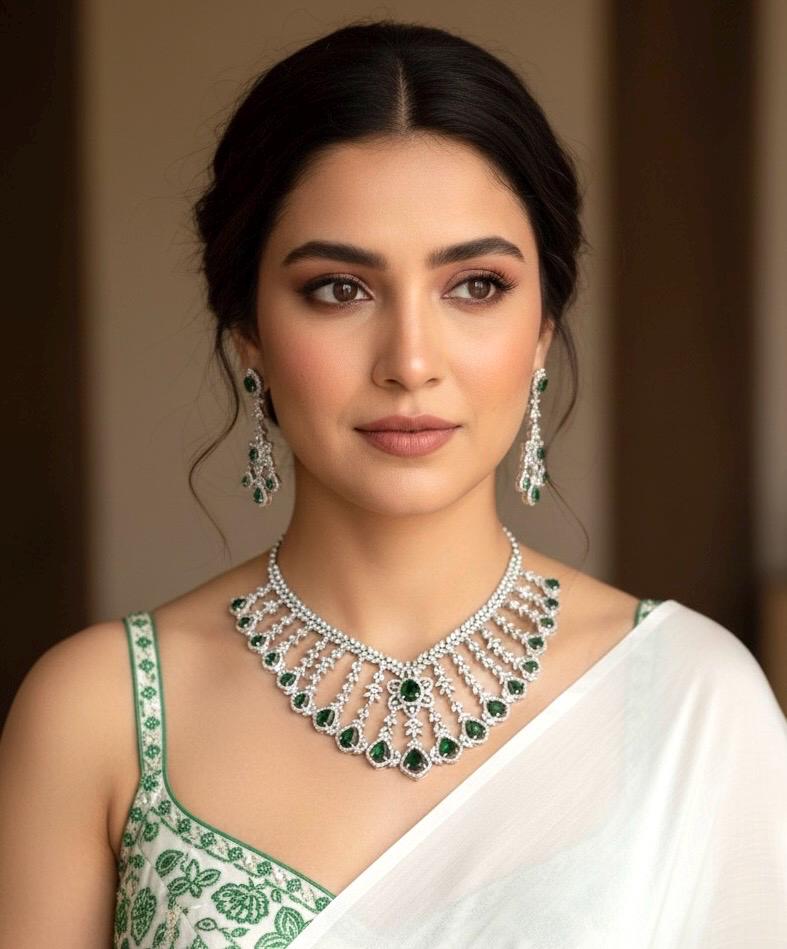 KASHIKA Emerald green necklace earrings in American Diamond, high quality cz zircon jewelry,prom,gala dinner green colour jewellery set