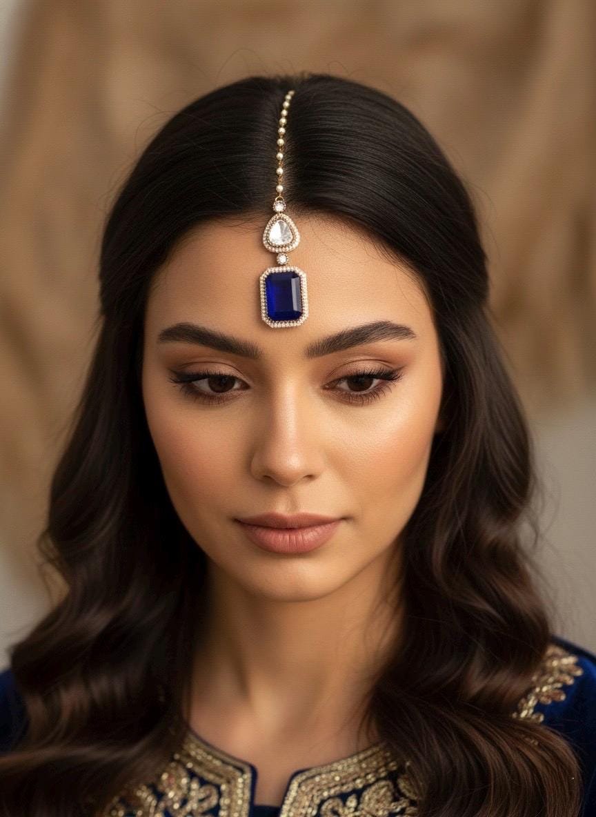 SAIRA Navy blue doublet stone maangtika, Indian bridal jewelry