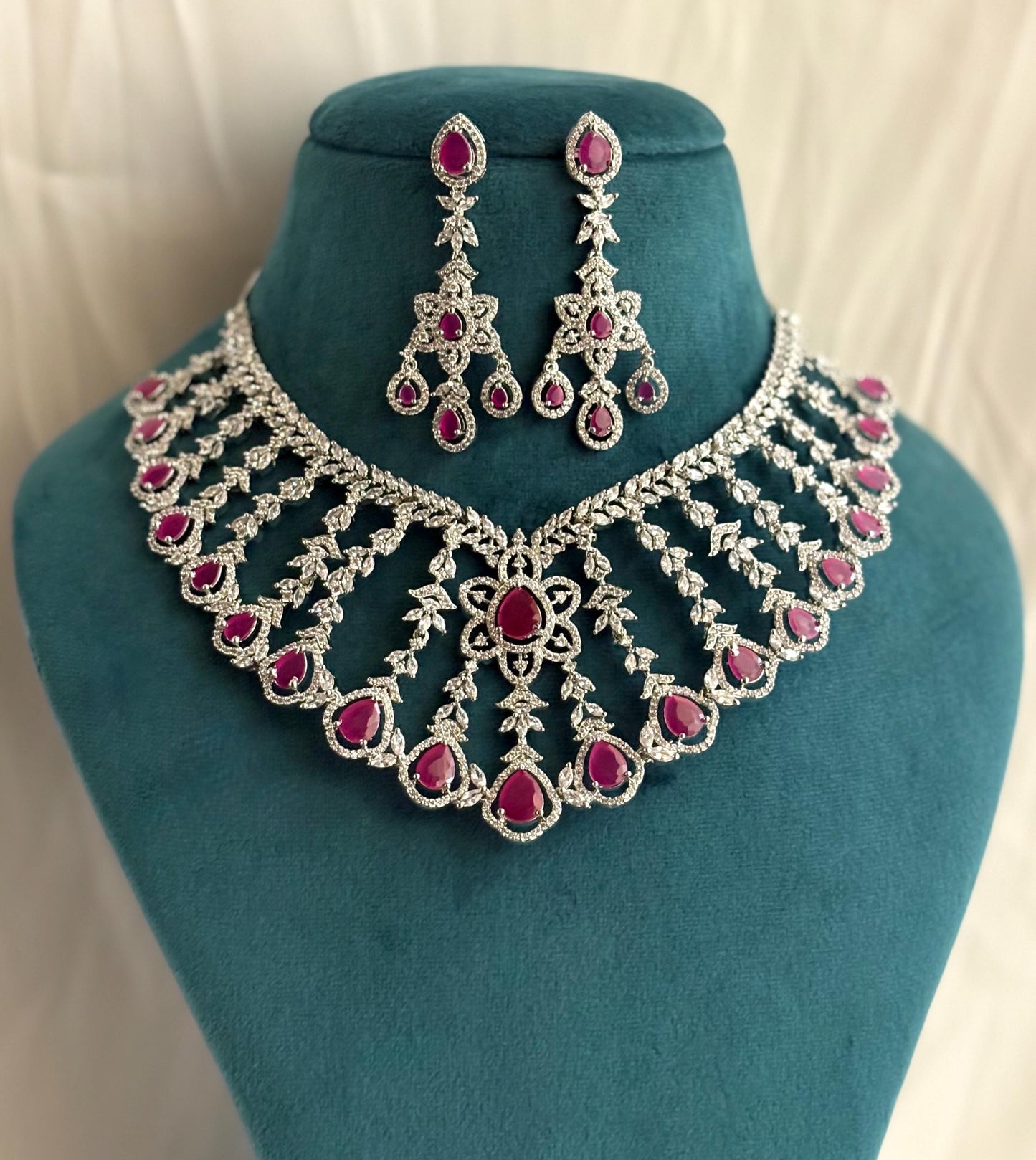 KASHIKA Ruby stones necklace earrings in American Diamond, high quality cz zircon jewelry,prom,gala dinner ruby colour jewellery set