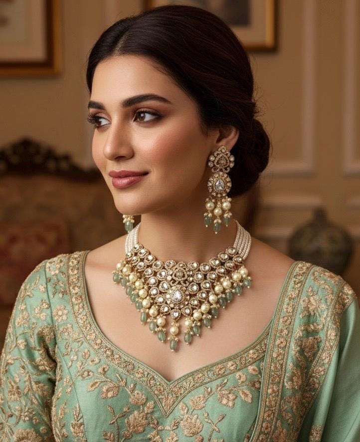 RANIA Sabyasachi inspired mint and golden cz   Polki Kundan choker necklace set, indian wedding Rajwada jewelry/ pakistani nikaah jewelry