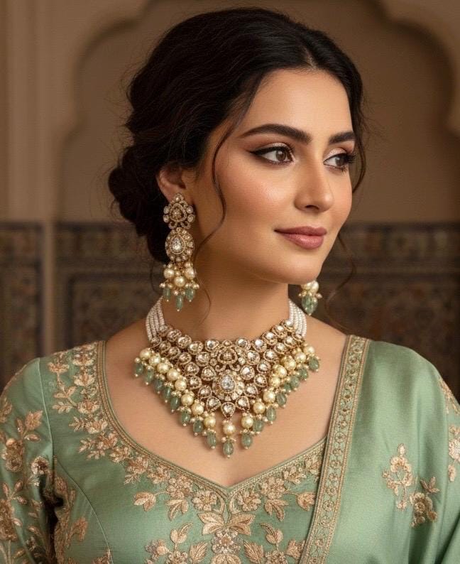 RANIA Sabyasachi inspired mint and golden cz   Polki Kundan choker necklace set, indian wedding Rajwada jewelry/ pakistani nikaah jewelry
