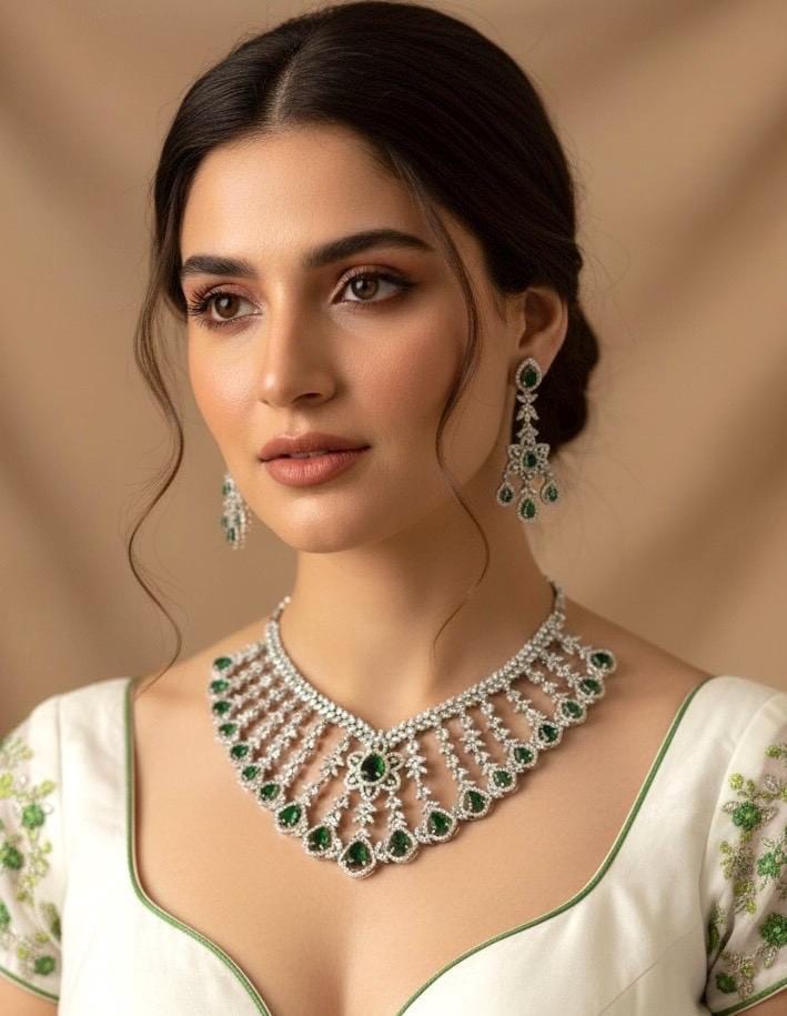 KASHIKA Emerald green necklace earrings in American Diamond, high quality cz zircon jewelry,prom,gala dinner green colour jewellery set