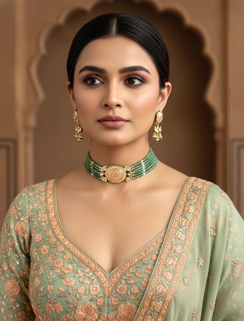 PRAGNA Sabyasachi inspired Mint pink Fusion Kundan choker set, necklace set, indian wedding Rajwada jewelry/ pakistani jewelry