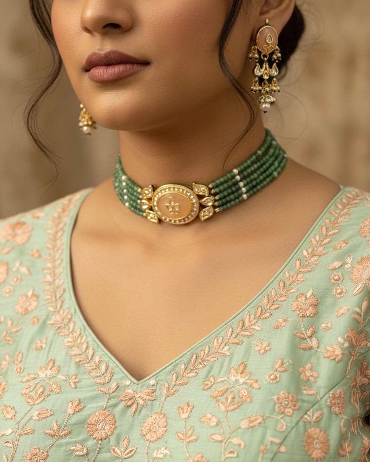 PRAGNA Sabyasachi inspired Mint pink Fusion Kundan choker set, necklace set, indian wedding Rajwada jewelry/ pakistani jewelry