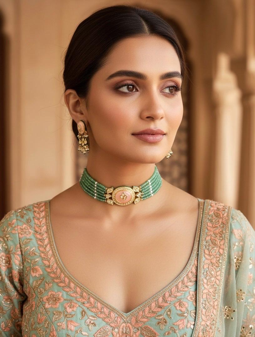 PRAGNA Sabyasachi inspired Mint pink Fusion Kundan choker set, necklace set, indian wedding Rajwada jewelry/ pakistani jewelry