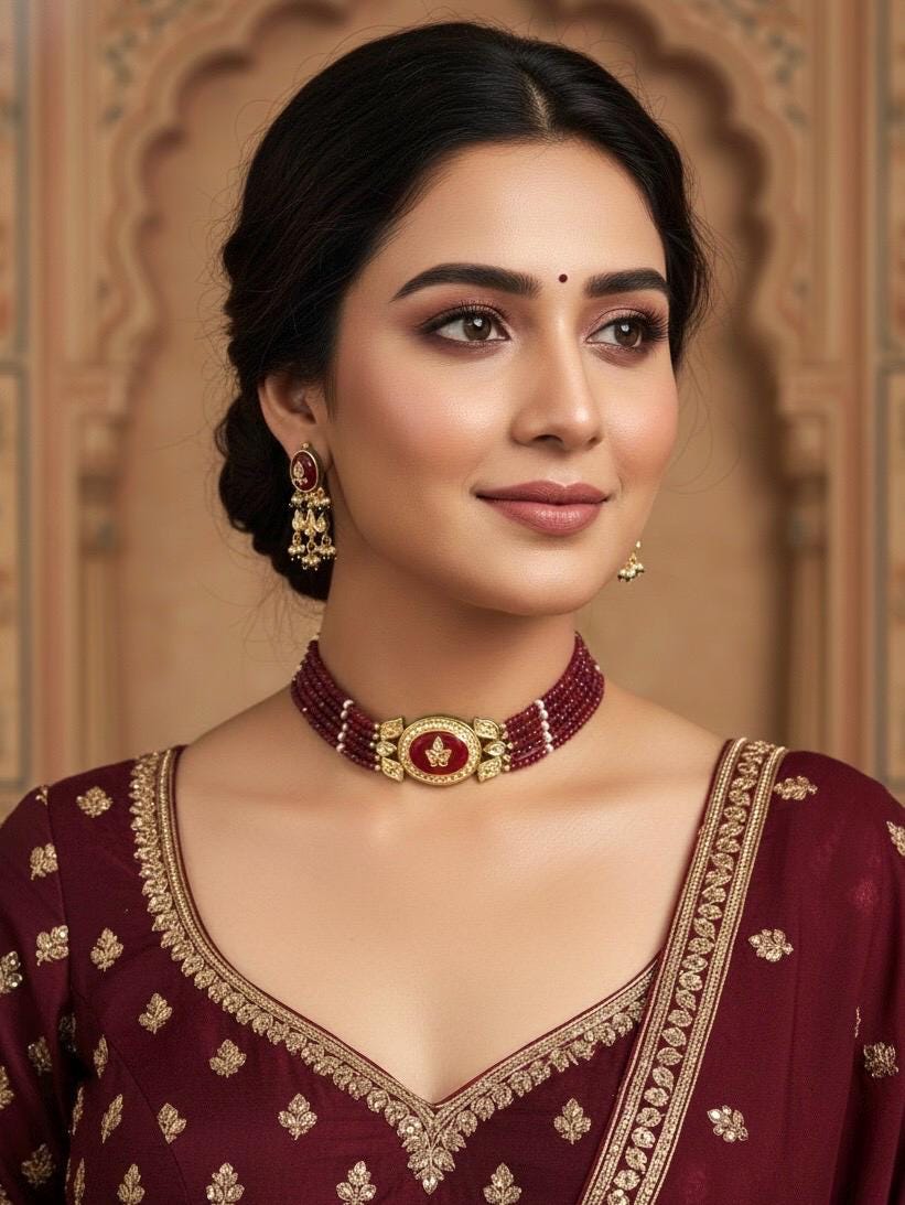 PRAGNA Sabyasachi inspired Ruby Fusion Kundan choker set, necklace set, indian wedding Rajwada jewelry/ pakistani jewelry