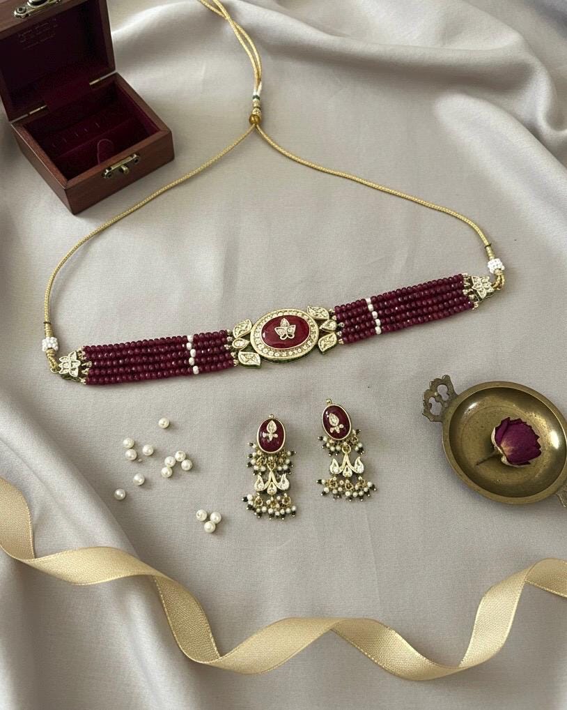 PRAGNA Sabyasachi inspired Ruby Fusion Kundan choker set, necklace set, indian wedding Rajwada jewelry/ pakistani jewelry