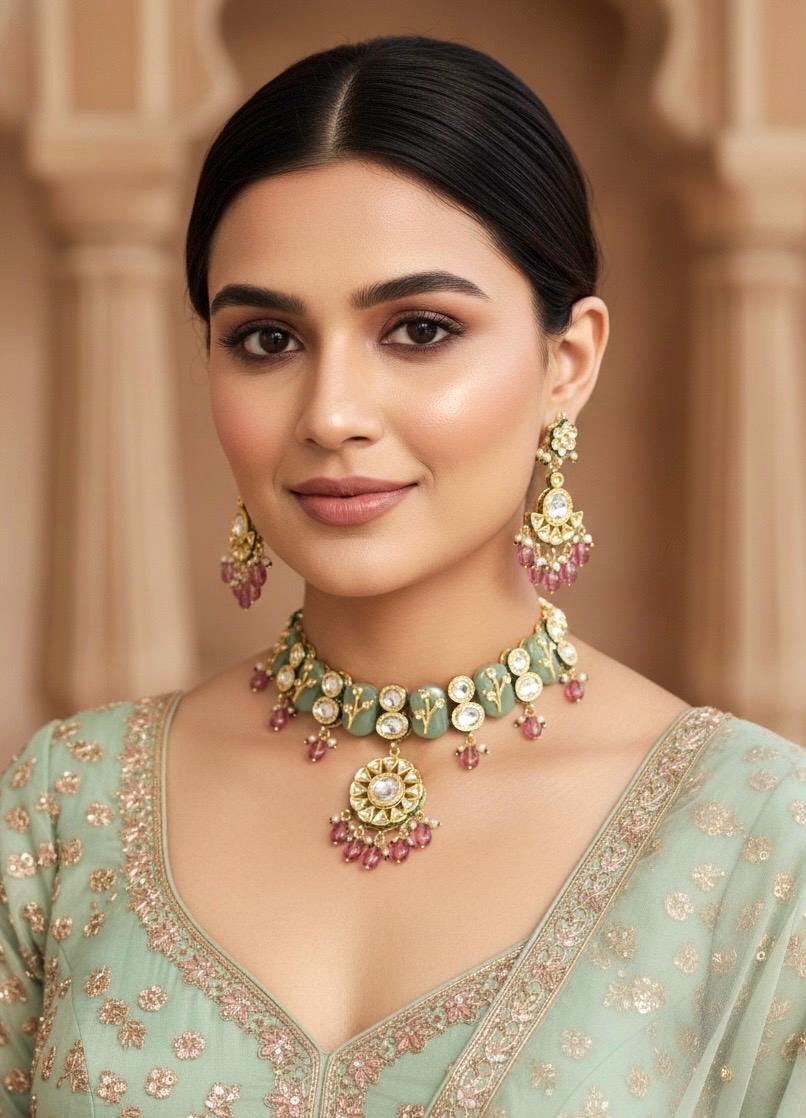 NIMISHA Sabyasachi inspired Mint pink  Fusion Kundan choker set, necklace set, indian wedding Rajwada jewelry/ pakistani jewelry