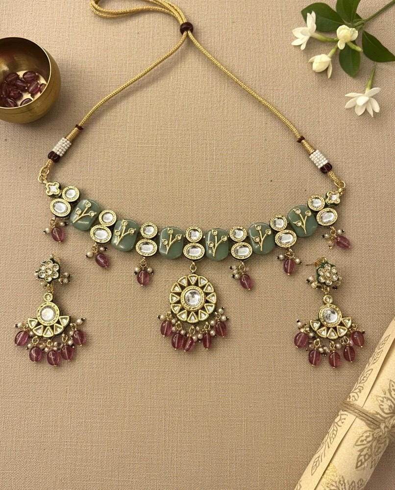 NIMISHA Sabyasachi inspired Mint pink  Fusion Kundan choker set, necklace set, indian wedding Rajwada jewelry/ pakistani jewelry